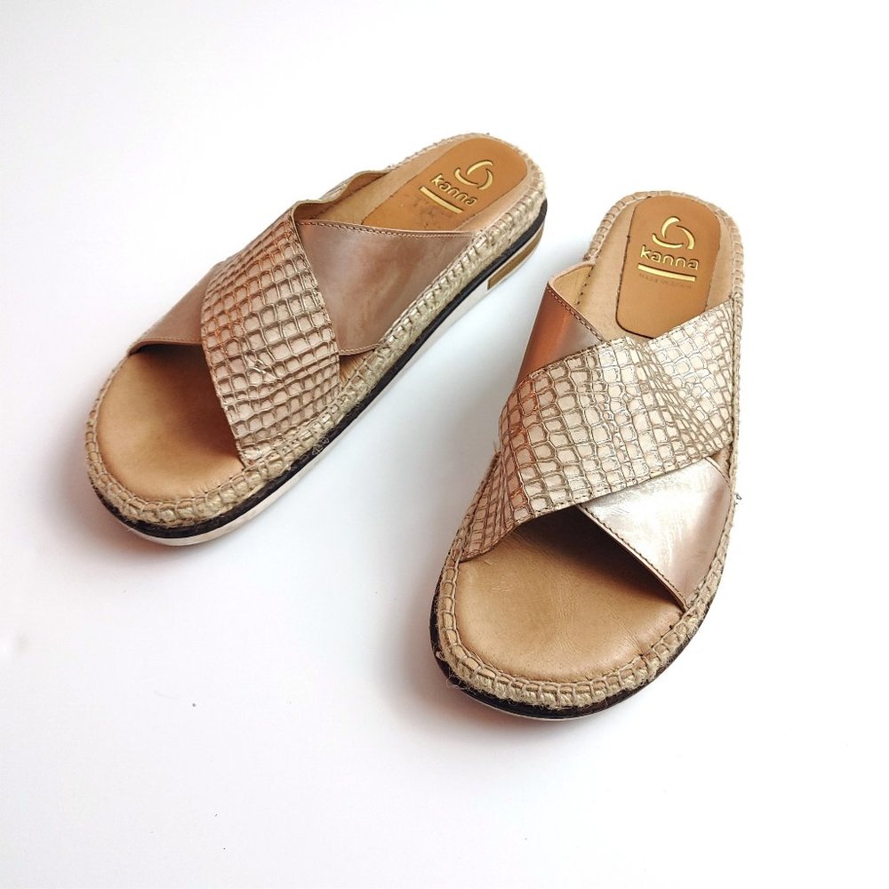 KANNA metallic gold croc embossed slip on leather sandals